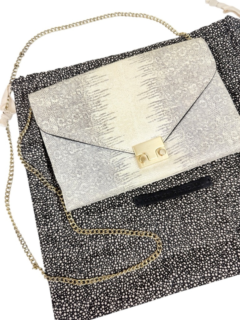 Loeffler Randall Cream Gray Snakeskin Leather Clutch Crossbody Bag Purse